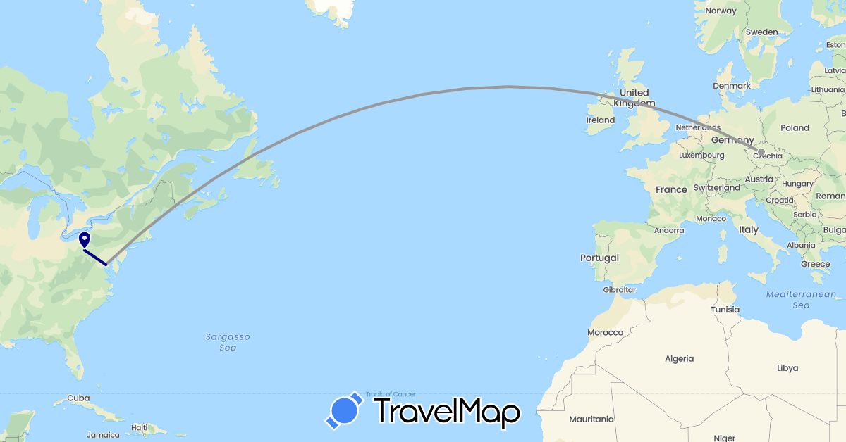TravelMap itinerary: driving, plane in Czech Republic, United States (Europe, North America)